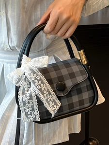 Mini checkerboard handbag with lace bow detail and black circular top handle for women
