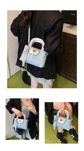Detailed views of light blue pleated handbag with silver chain strap and lace tassel detail