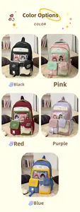 Detail view of five colors for this student backpack with transparent window and Hello Nana logo