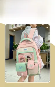 Detail of pink and mint green school bag with transparent PVC pocket and cute insert