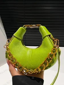 Mini Sac à Bandoulière Demi-Lune pour Femmes Cuir PU Grain Litchi Sac à Main Élégant Avec Grosse Chaîne Dorée Sac Épaule