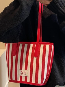 Large capacity red and white striped canvas tote bag with shoulder straps for women