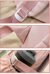 Detail of pink backpack showing adjustable straps, reinforced stitching, and side pocket