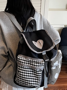 Korean style patchwork backpack with heart charm and checkered pocket detail in black