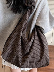 Large capacity dark brown checkered crossbody bag with drawstring for women