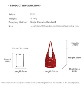 Dimensions détaillées du sac de plage crochet rouge avec comparatif iPhone 16 Pro Max