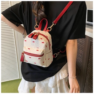 Gros plan détaillé d'un mini sac à dos avec broderie nœud rouge et fermetures éclair dorées