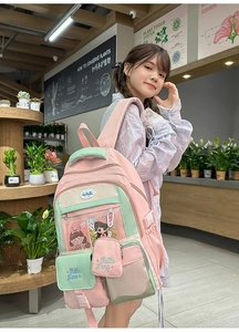 Detail of cute contrast color backpack with transparent pocket and Hello Nana embroidery