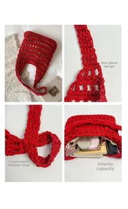 Détail du sac de plage crocheté rouge montrant la grande capacité et la texture tissée