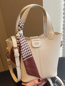 Women Trendy PU Leather Bucket Bag with Houndstooth Scarf Decoration Lychee Grain Handbag Fashion Casual Crossbody Shoulder Bag