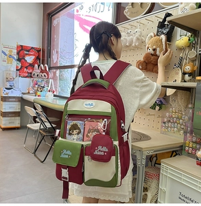 Detail of multi-pocket contrast nylon backpack with transparent window and embroidery