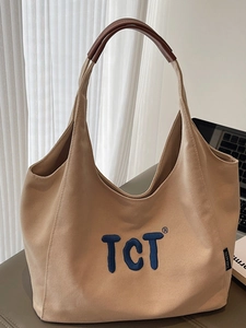 Sac Fourre-tout Urbain Simple en Toile pour Femmes Grande Capacité Sac à Bandoulière Avec Broderie de Lettres TCT et Poignées en Cuir PU