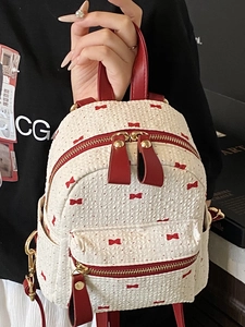 Mini sac à dos tressé avec imprimé nœuds rouges et finitions en cuir, style d'été mignon