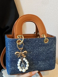 Vintage Denim Polka Dot Small Square Bag For Women Brown PU Leather Handle Artificial Pearl Butterfly Pendant Shoulder Crossbody Bag