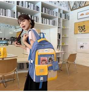 Detail of multi-pocket contrast color nylon backpack with a transparent window display