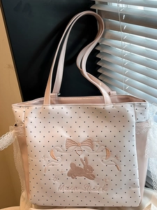 Women's Sweet Polka Dot Rabbit Embroidery Lace Tote Bag PU Leather Casual Large Capacity Shoulder Bag Daily Handbag