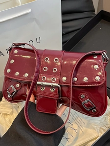 Women Y2K Punk Rivet Underarm Bag Fashion Patent Leather PU Shoulder Bag Vintage Buckle Glossy Small Handbag Casual Daily Purse