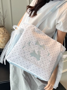 Korean style blue polka dot tote bag with cute rabbit embroidery and white lace trim