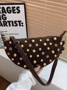 Vintage Rivet Underarm Bag For Women PU Leather Biker Style Shoulder Bag With Metal Eyelets Half Moon Satchel Purse