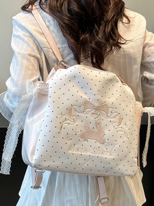 Cute Korean style white polka dot backpack with pink rabbit embroidery and lace details