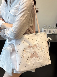 Pink and white polka dot tote bag with cute rabbit embroidery and lace trim