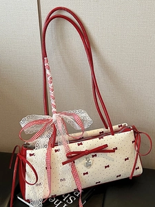 Sweet Vintage Bow Polka Dot Shoulder Bag Lace Trim Ribbon Underarm Bag Heart Pendant Fashion Baguette Handbag For Women