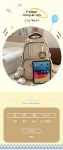 Size guide for large beige nylon backpack showing 32x19x46cm dimensions and tablet comparison