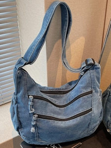 Retro denim crossbody bag with multi-zipper compartments and wide shoulder strap