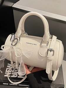 Women's PU Leather Cylindrical Shoulder Bag Solid Color Boston Pillow Bag With Bow Artificial Pearl Pendant For Daily Commuting