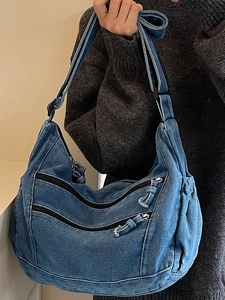 Lazy style large denim crossbody bag with multiple zippers and adjustable strap for women