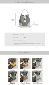 Detailed size guide and multi-color options for the stylish PU leather bucket crossbody bag