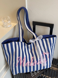 Sac Fourre-tout en Toile Rayée pour Femmes Grande Capacité Imprimé Graphique de Lettres Sac à Épaule avec Nœud en Dentelle Sac à Main Doux