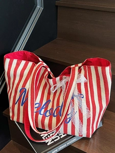 Sac fourre-tout rayé en toile avec imprimé Melody et nœud en dentelle pour l'été