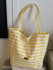 Grand sac cabas en toile à rayures jaunes et blanches avec étiquette fait main et anses