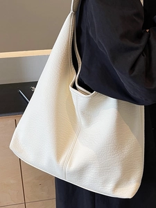 Minimalist cream white large capacity tote bag in textured soft leather for daily work