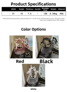 Detailed size chart and multi-color crescent PVC bags with satin bow decorations