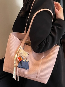 Pink large capacity tote bag with embossed texture and cute bear charm for women