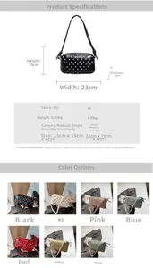 Detailed size and material specification chart for the polka dot shoulder bag with measurements