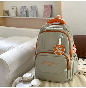 Detail of grey-green backpack with orange zippers and Happy Mind slogan print