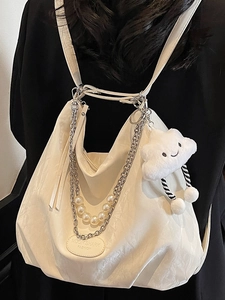 Urban minimalist white pleated shoulder bag with pearl chain and cloud pendant charm
