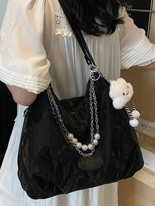 Minimalist large capacity black shoulder bag with pearl chain and cloud pendant decor