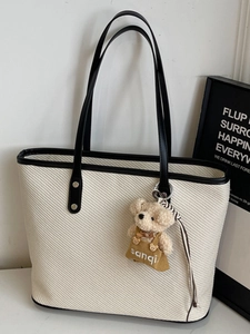 Sac Cabas en Cuir PU Grande Capacité pour Femmes Sac à Épaule Décontracté Style Urbain Simple Avec Pendentif Ours pour Usage Quotidien