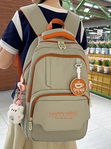 Fashionable khaki green high capacity student backpack with orange trim and bear charm