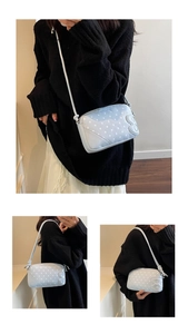 Detailed views of light blue polka dot crossbody bag with B-letter patch and adjustable strap