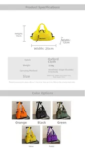 Tableau de dimensions pour sac bandoulière en tissu Oxford avec 5 options de couleur