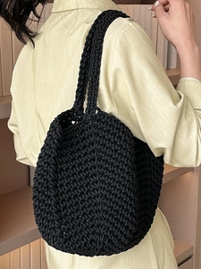 Lazy style black hand-woven tote bag with textured cotton rope for beach vacation