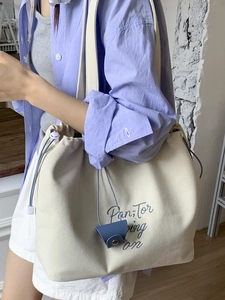 Canvas drawstring tote bag with Panting on embroidery for women daily shoulder carry