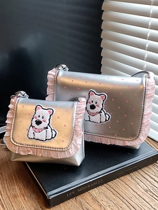 Süße Punktmuster Cartoon Hund Bestickt Rüschenkante Schultertasche Glänzendes Metallic PU Leder Umhängetasche Für Damen Mädchen
