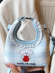 Women Cute Puppy Embroidery Plaid Mini Shoulder Bag Ruffle Lace Handbag PU Leather Small Crossbody Bucket Bag Daily Bag