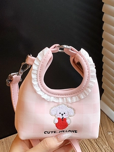 Pink checkered bucket bag with cute dog embroidery and white ruffle trim details